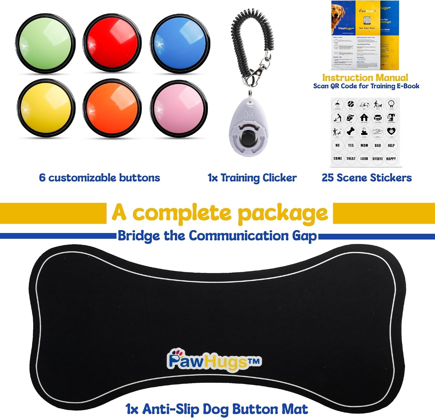 Train Your Dog with Recordable Buttons – 6 or 8 Pack Talking Button Set with Mat & Clicker