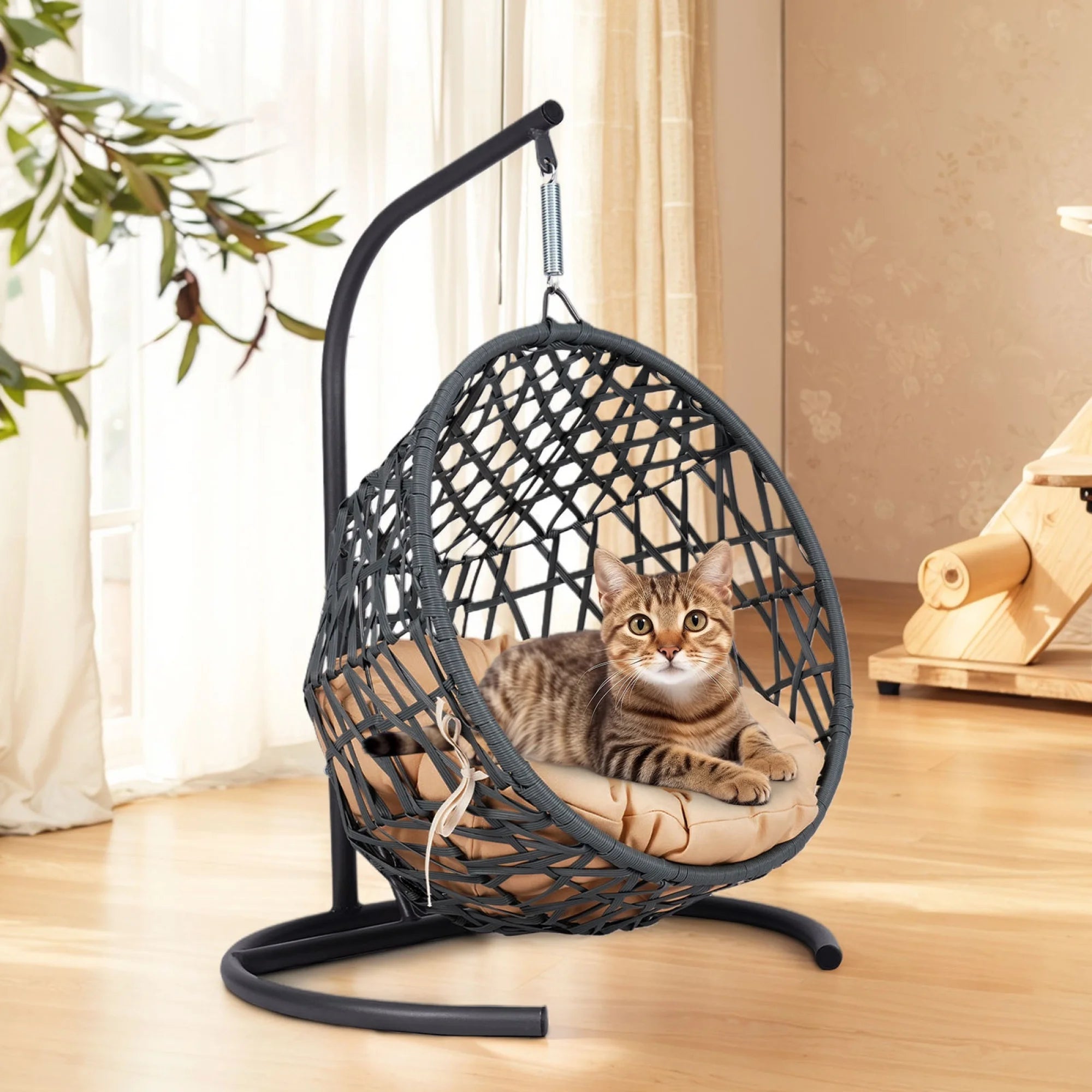 Luxury Cat Swing Hammock with Stand & Cushion – Rattan Wicker Egg Chair for Cats, Indoor Hanging Pet Bed with Breathable Design & Washable Cushion