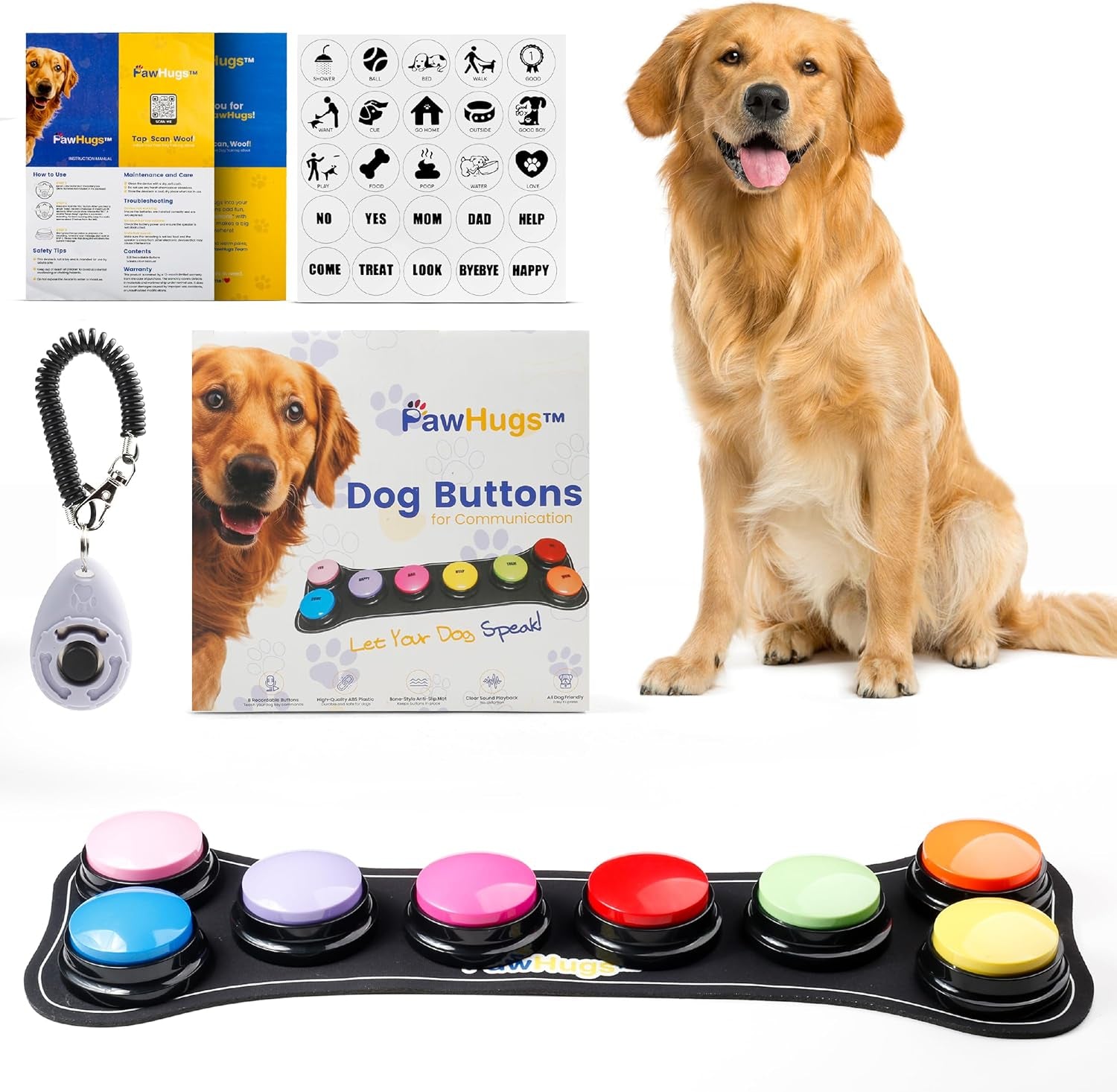 Train Your Dog with Recordable Buttons – 6 or 8 Pack Talking Button Set with Mat & Clicker