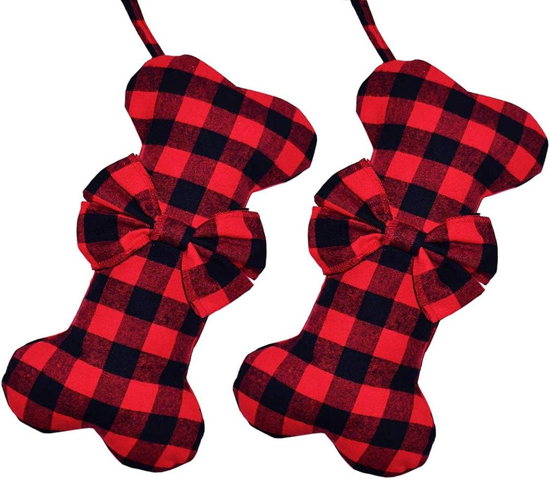 2 Pack Large Dog Christmas Stockings – Red & Black Plaid Bone-Shaped for Pets