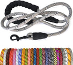 Dog leash with black clip on a white background, with additional colorful leashes below.
