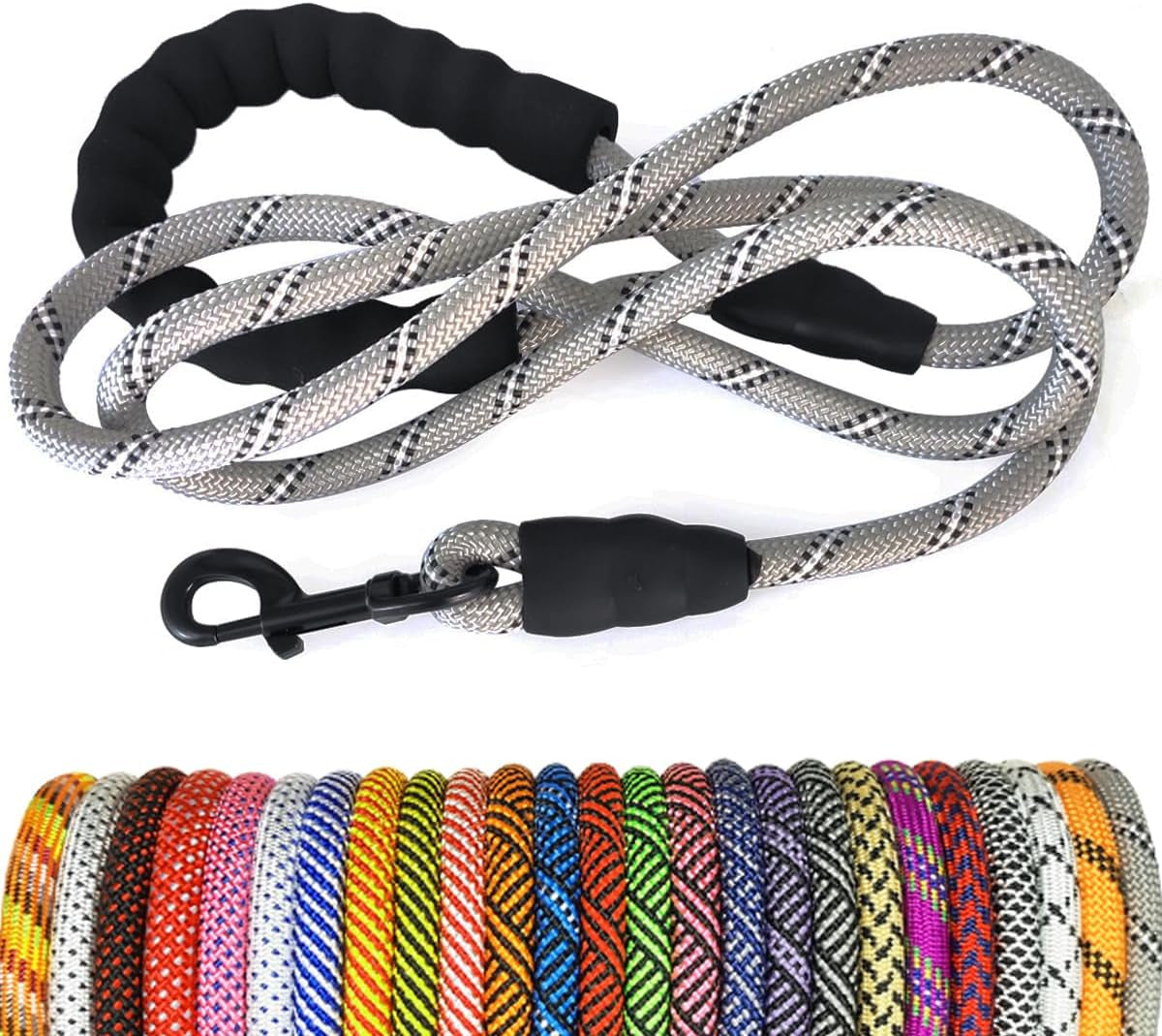 Dog leash with black clip on a white background, with additional colorful leashes below.