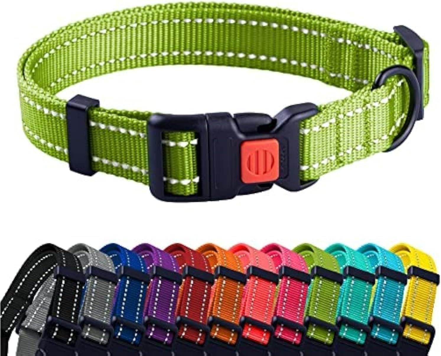 Green dog collar with a row of colorful collars below on a white background