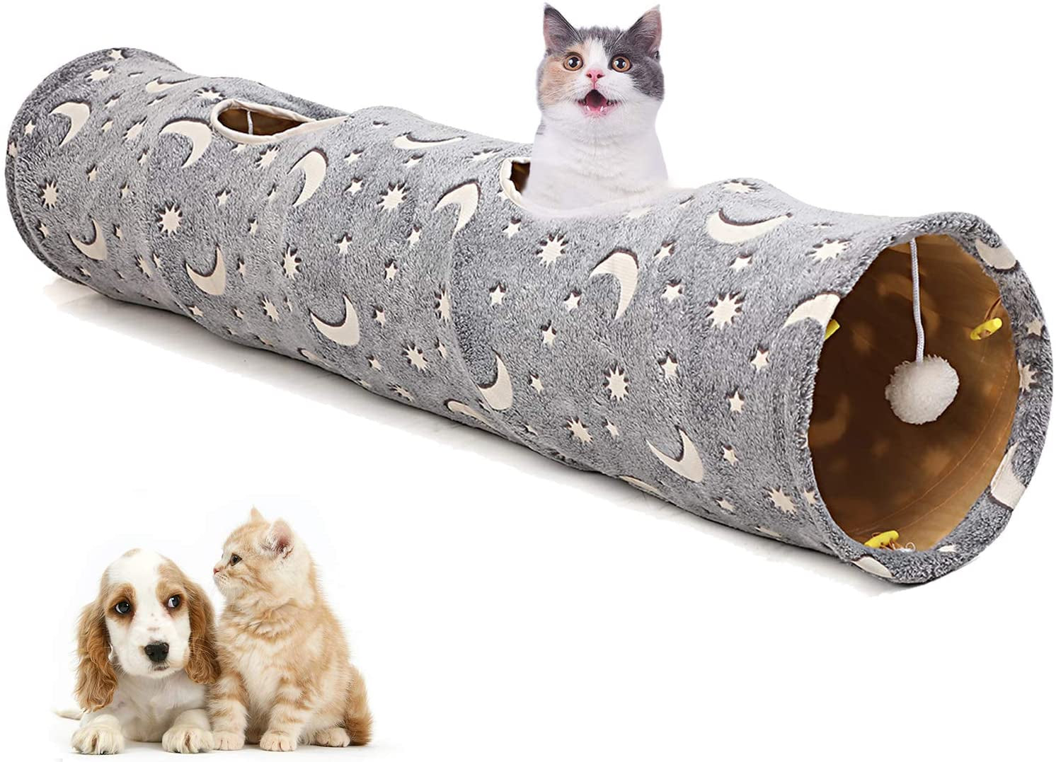 Collapsible Cat Tunnel with Plush Ball Toy – Glow-in-the-Dark Pet Play Tube for Kittens, Rabbits, Ferrets & Small Dogs, Grey Moon & Star Design