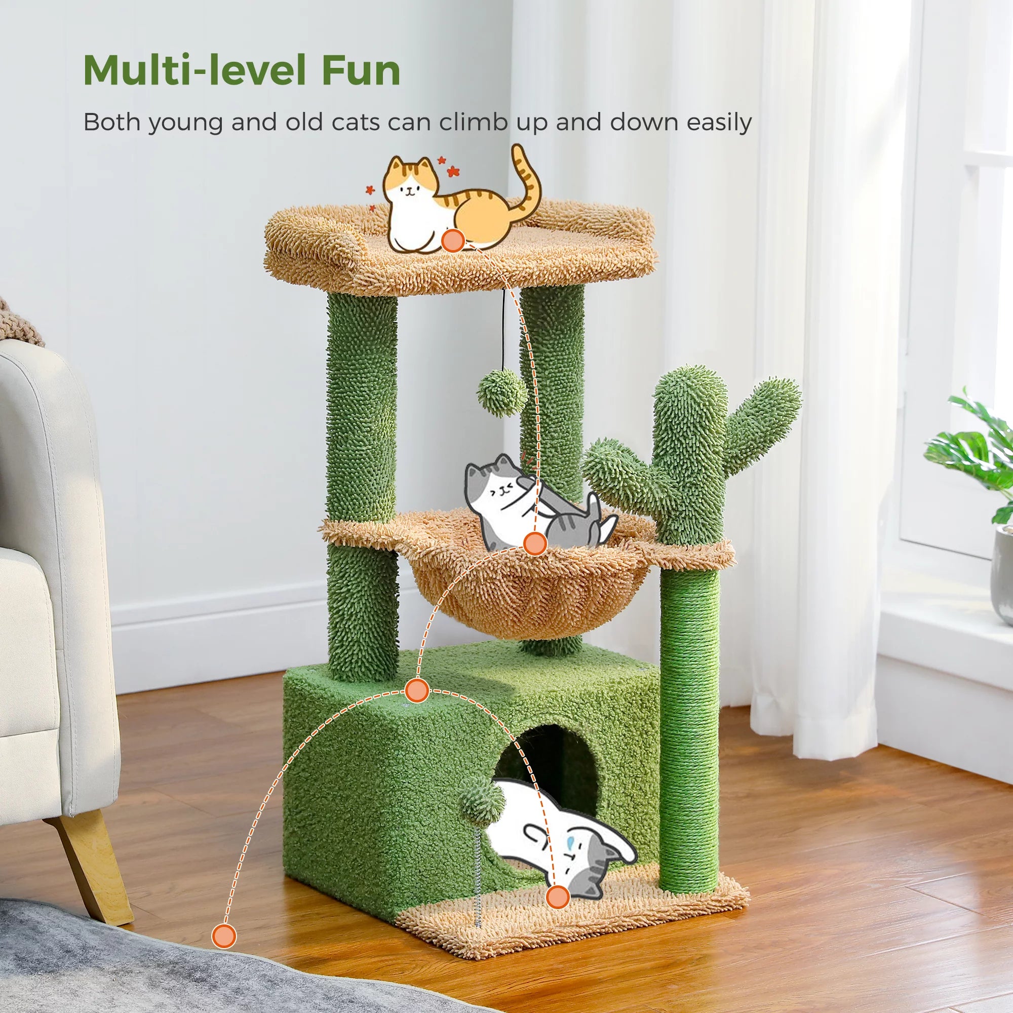 Cat Tree 33" Cactus Cat Tower – Multi-Level Scratching Post with Hammock, Condo & Large Perch for Medium Indoor Cats