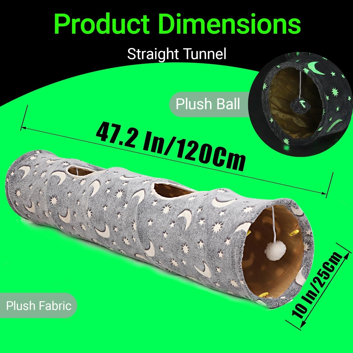 Collapsible Cat Tunnel with Plush Ball Toy – Glow-in-the-Dark Pet Play Tube for Kittens, Rabbits, Ferrets & Small Dogs, Grey Moon & Star Design