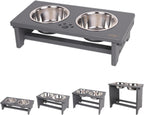 Gray elevated pet feeder with two stainless steel bowls on a white background
