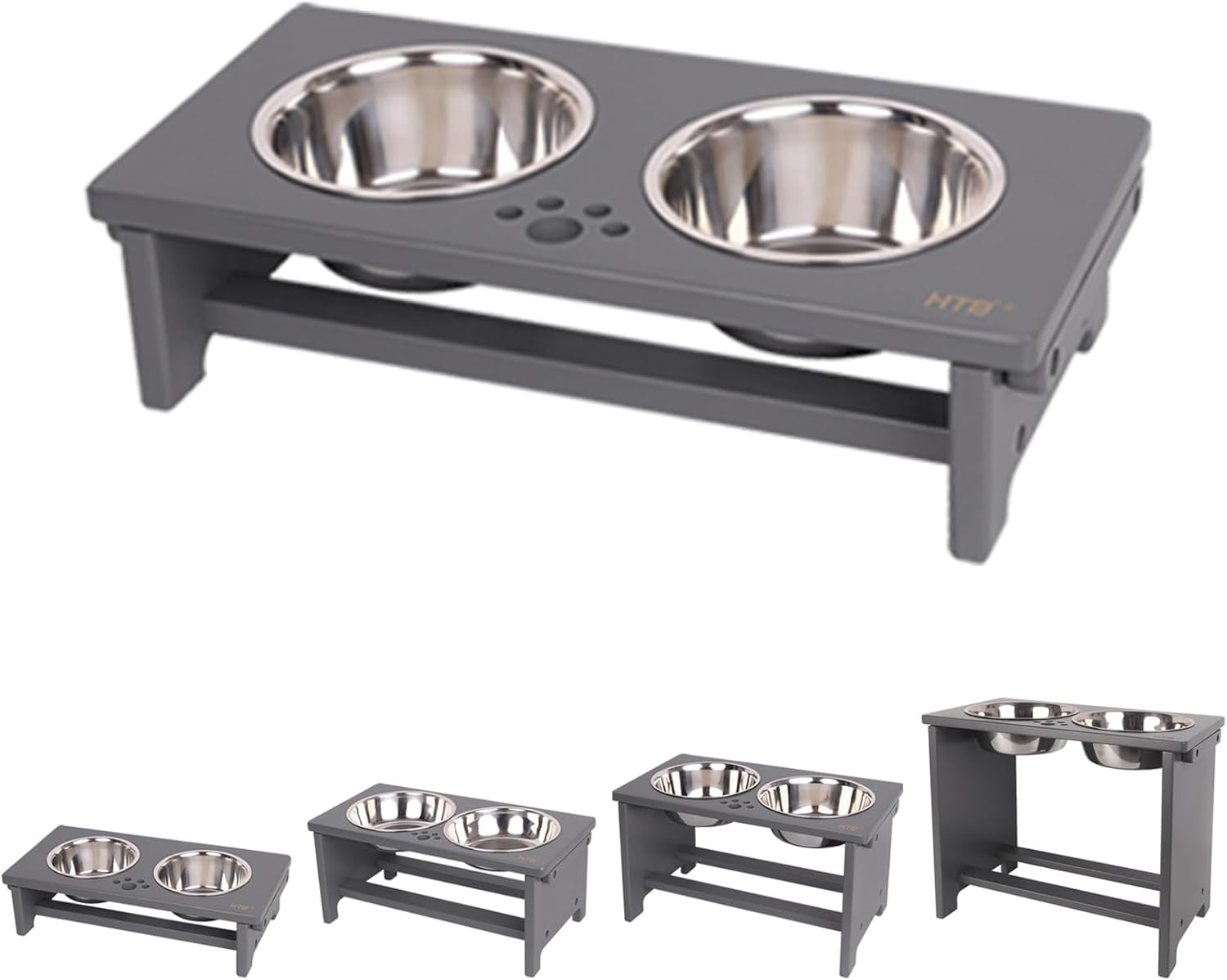 Gray elevated pet feeder with two stainless steel bowls on a white background
