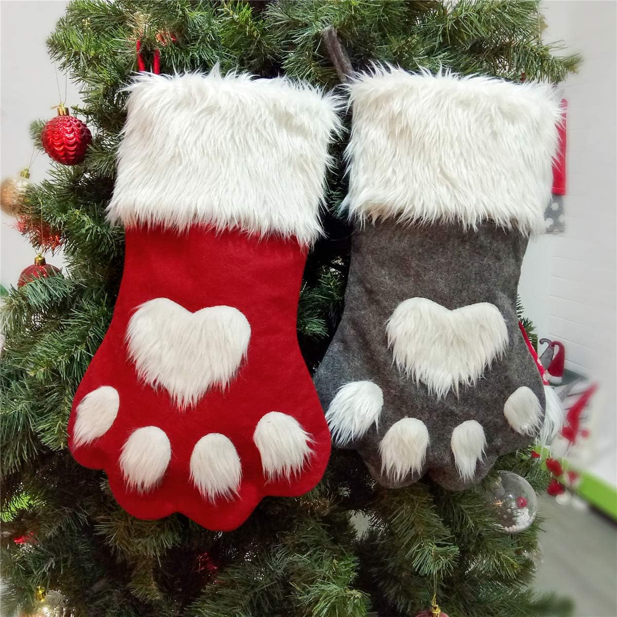 Large Dog & Cat Christmas Stockings – Plush Paw-Shaped Holiday Hanging Socks