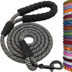 Black and white braided dog leash with black handle and clip, surrounded by a stack of colorful braided leashes.
