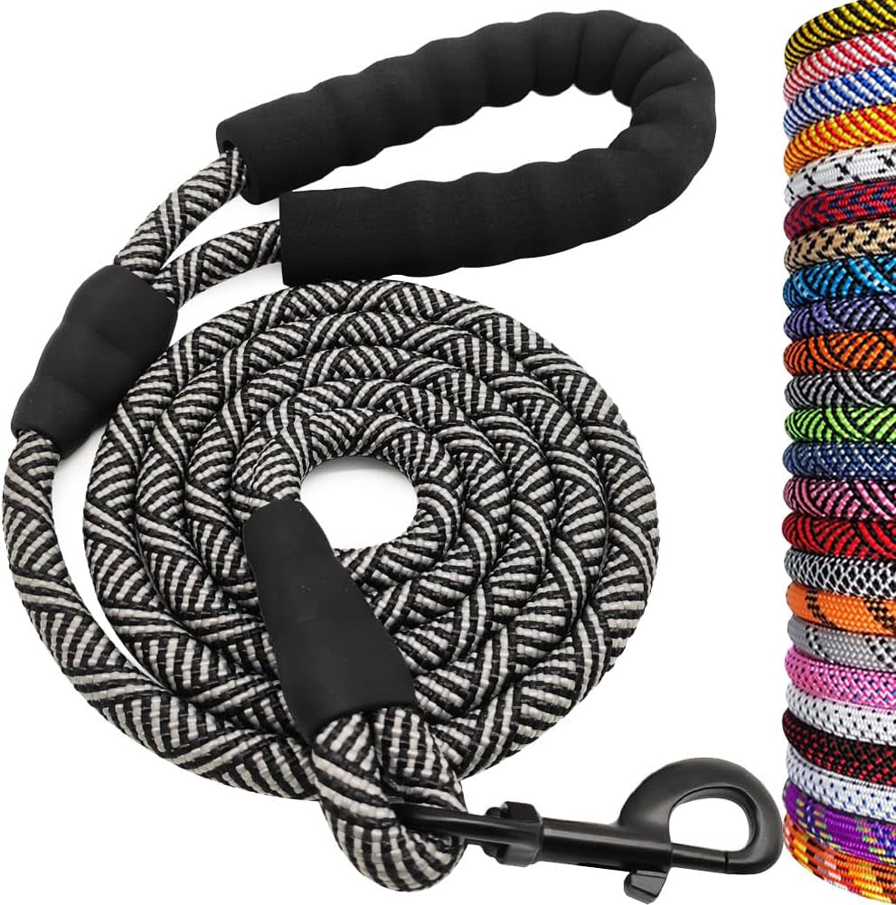 Black and white braided dog leash with black handle and clip, surrounded by a stack of colorful braided leashes.