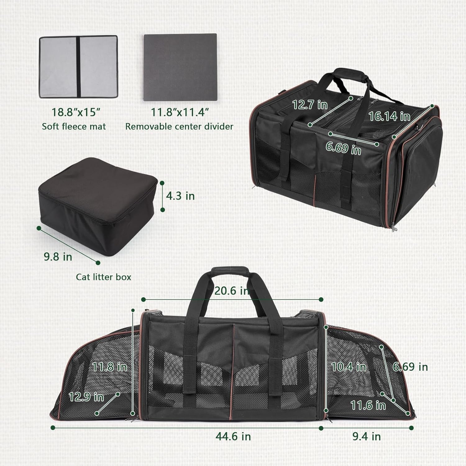 Expandable Cat Travel Carrier - Double Compartment w/ Litter Boxes