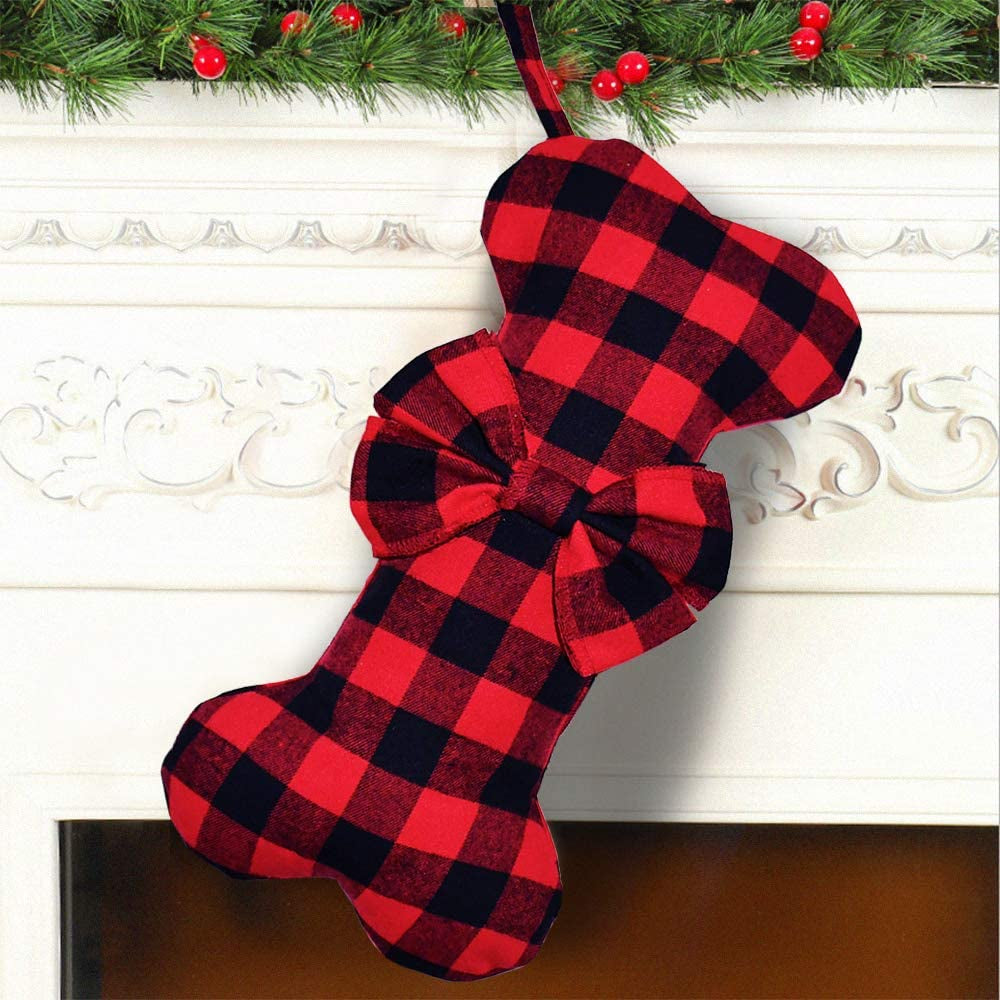 2 Pack Large Dog Christmas Stockings – Red & Black Plaid Bone-Shaped for Pets