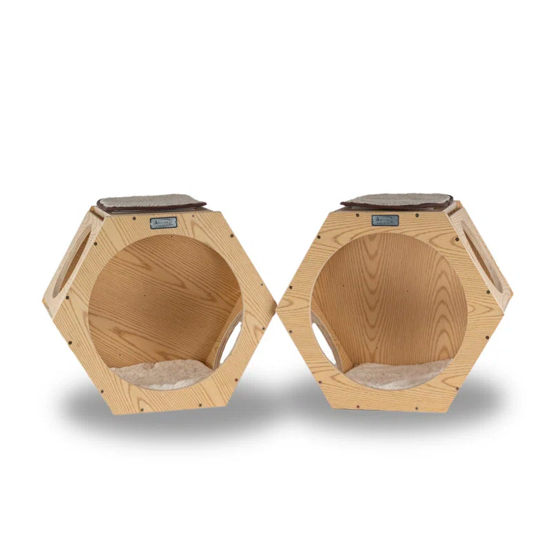 Natural Wood Cat Wall Tree Set | 2 Hexagonal Wall Condos
