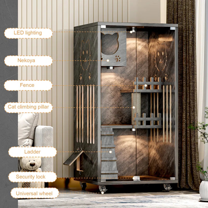 Erlend Wooden Cat Villa – Indoor Cat Enclosure with Glass Doors & Ventilation