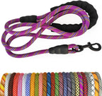 Purple dog leash with black clip on a white background
