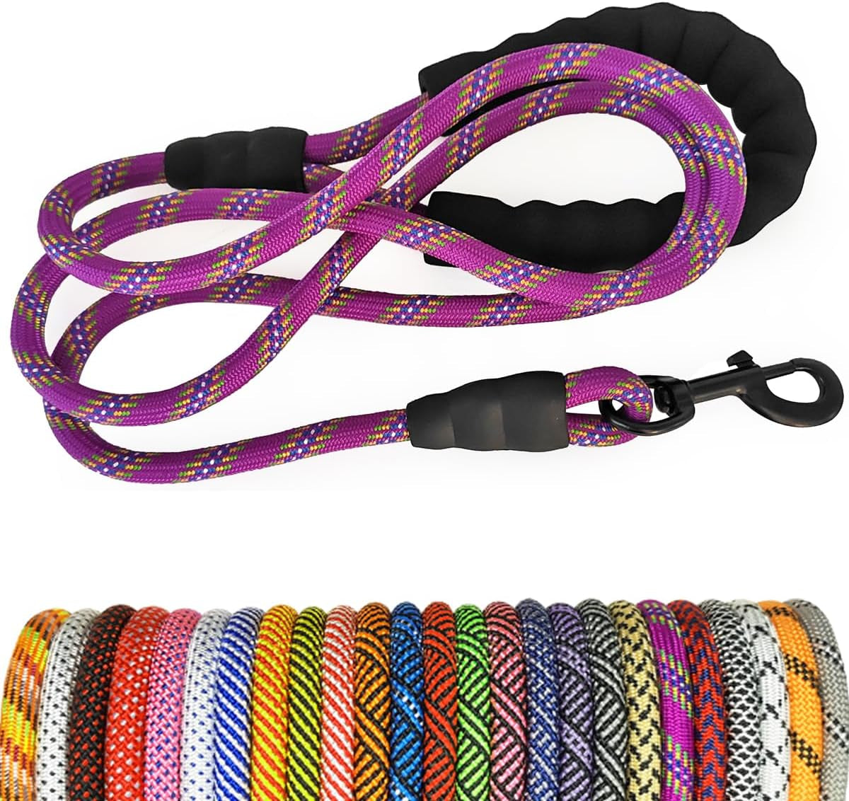 Purple dog leash with black clip on a white background