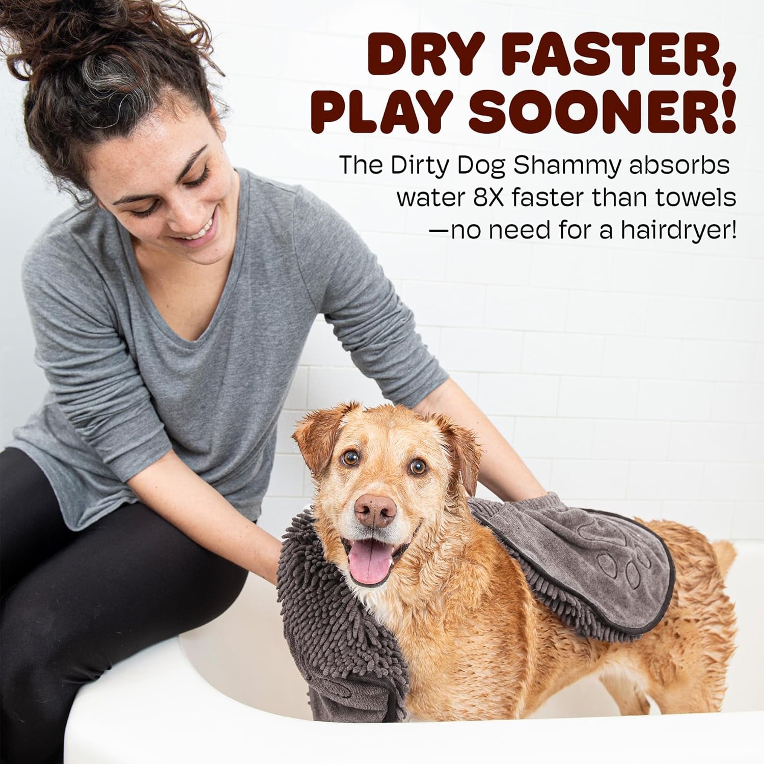 Dirty Dog Shammy – Super Absorbent Dog Drying Towel with Dual Hand Pockets & Elastic | Fast-Drying Plush Microfiber, Machine Washable, 31"x13"
