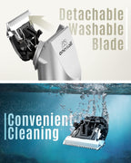 Shaver with detachable washable blade and cleaning mechanism underwater, featuring the brand 'oneisall'.
