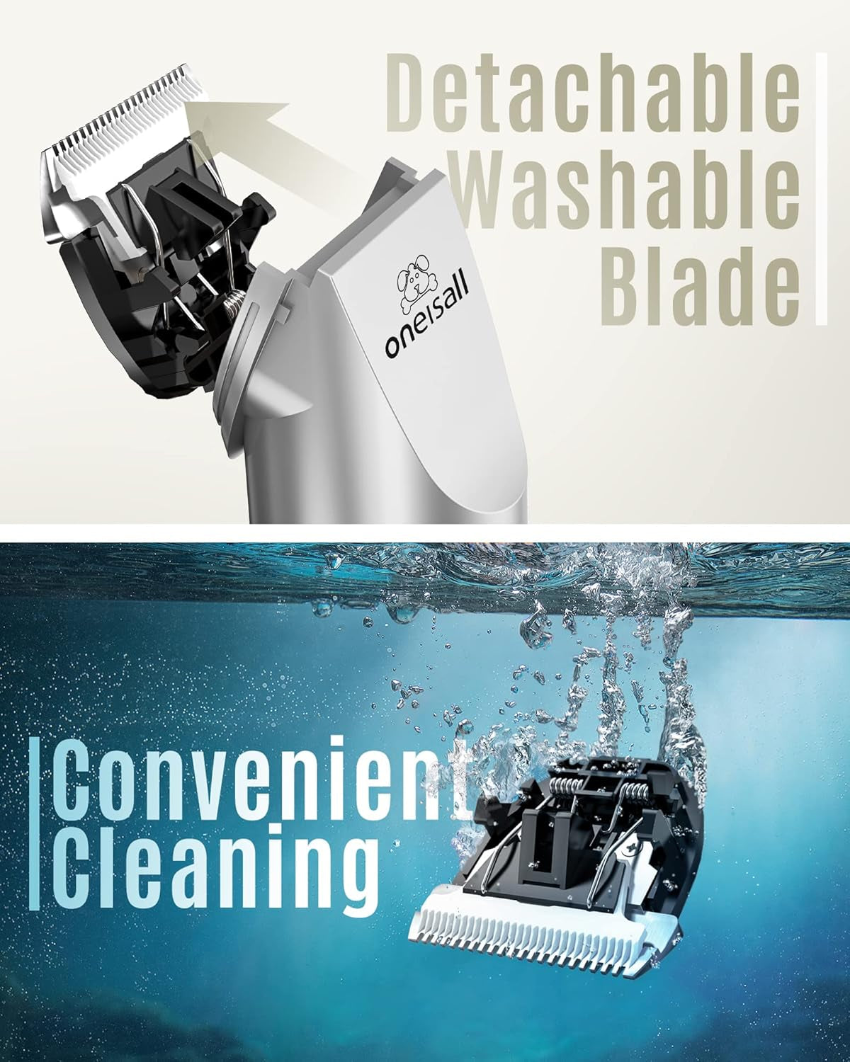 Shaver with detachable washable blade and cleaning mechanism underwater, featuring the brand 'oneisall'.