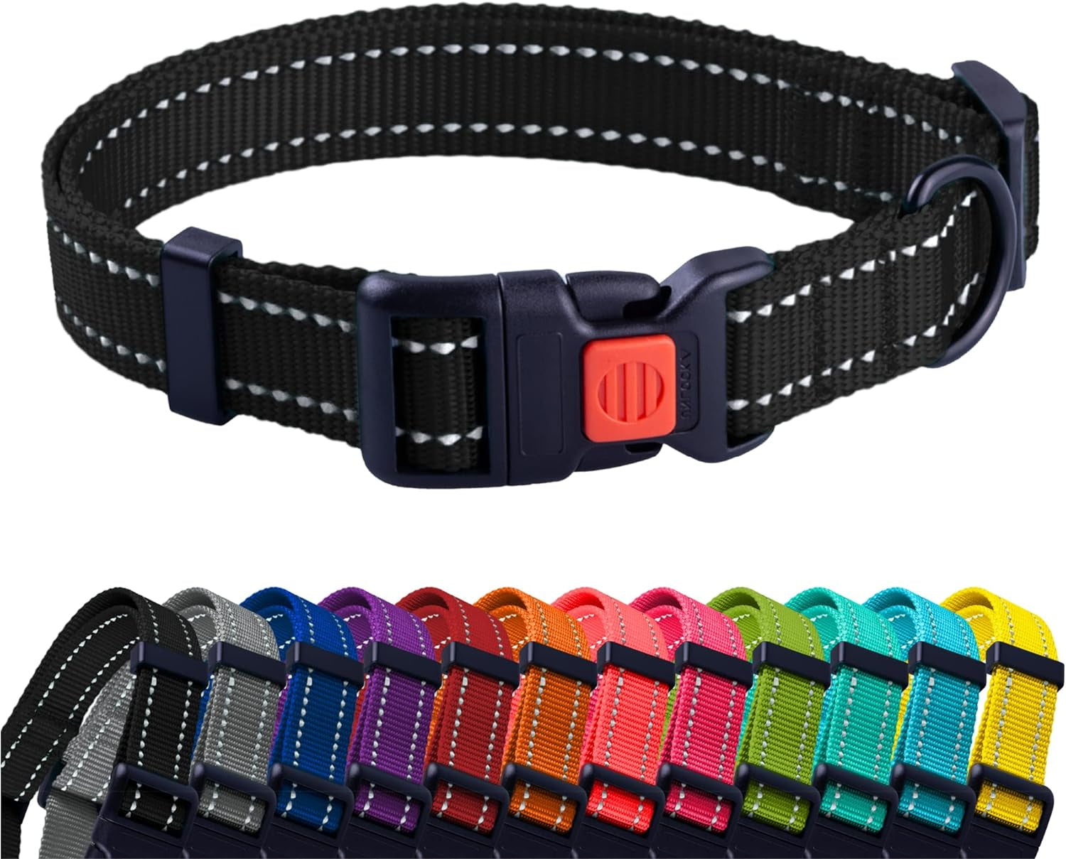 Dog collar with a red buckle and a row of colorful collars below on a white background