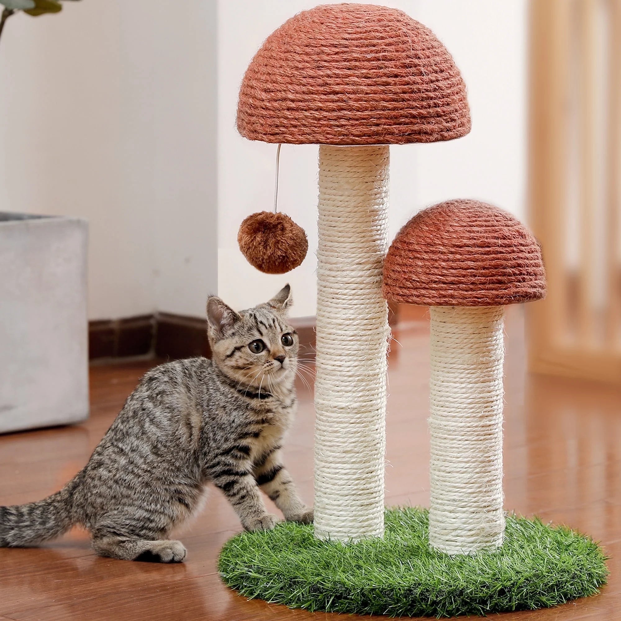 2 Mushrooms Cat Scratching Post – 19" Sisal Rope Cat Scratcher with Grass Base & Dangling Ball, Cute Mushroom Design for Kittens & Small Cats