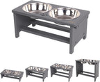 Gray elevated pet feeder with stainless steel bowls on a white background