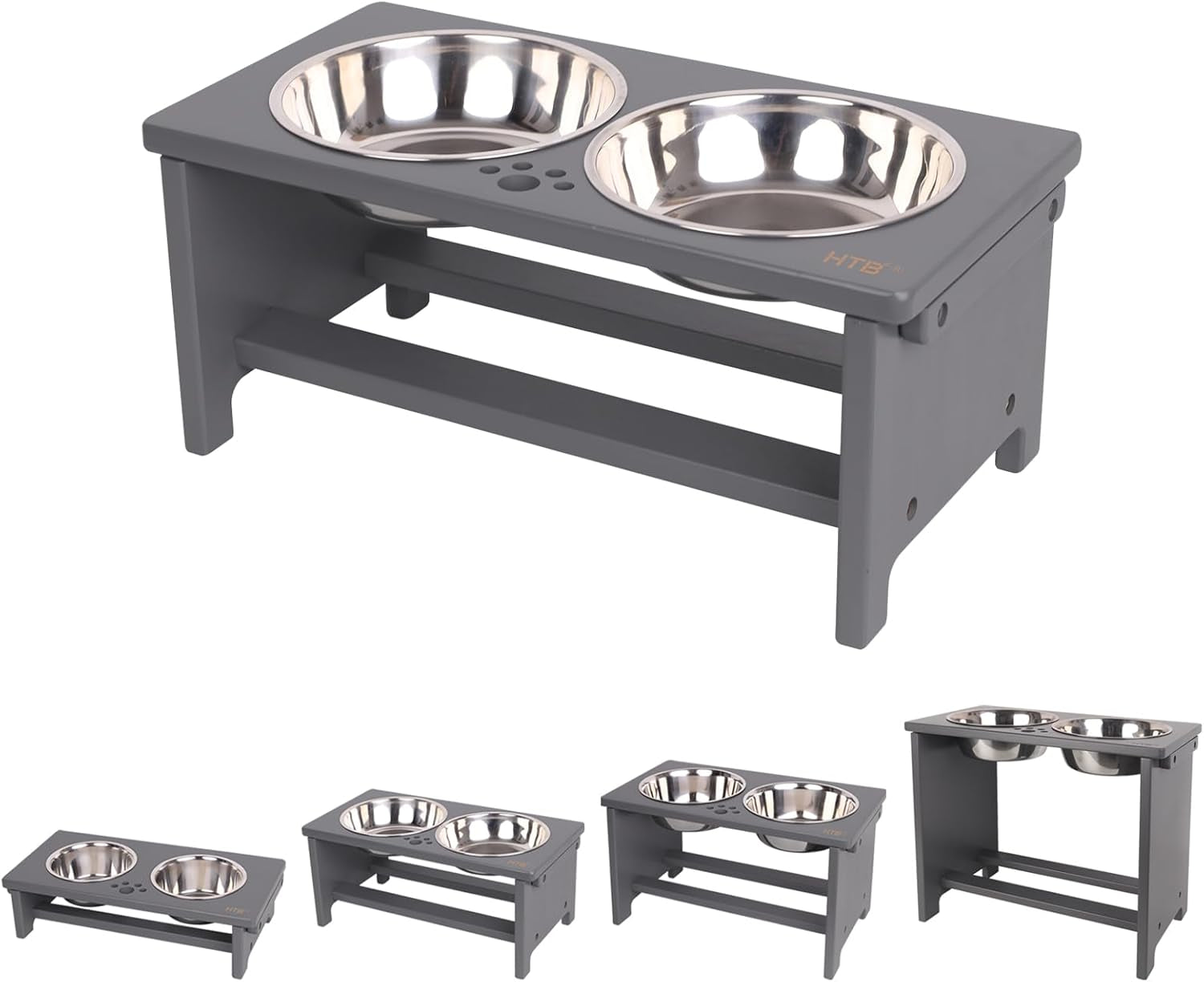 Gray elevated pet feeder with stainless steel bowls on a white background