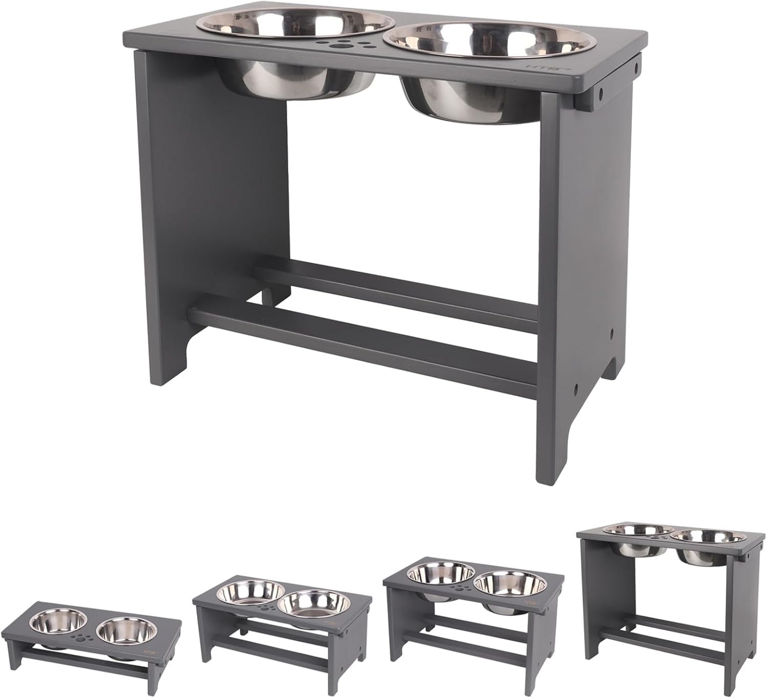 Gray elevated pet feeder with stainless steel bowls on a white background