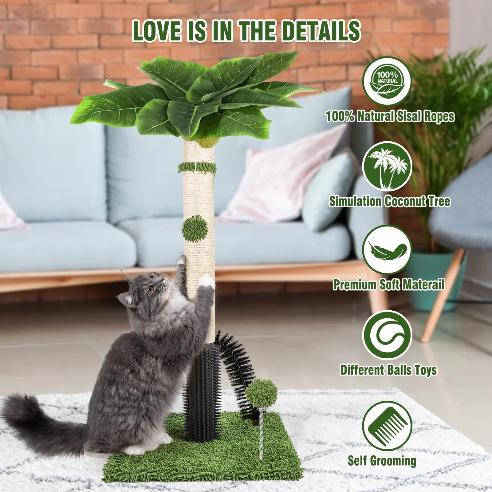 Cat Post 38" – Tall Cat Scratching Post for Indoor Cats with Dangling Ball & Spring Toy (Green)