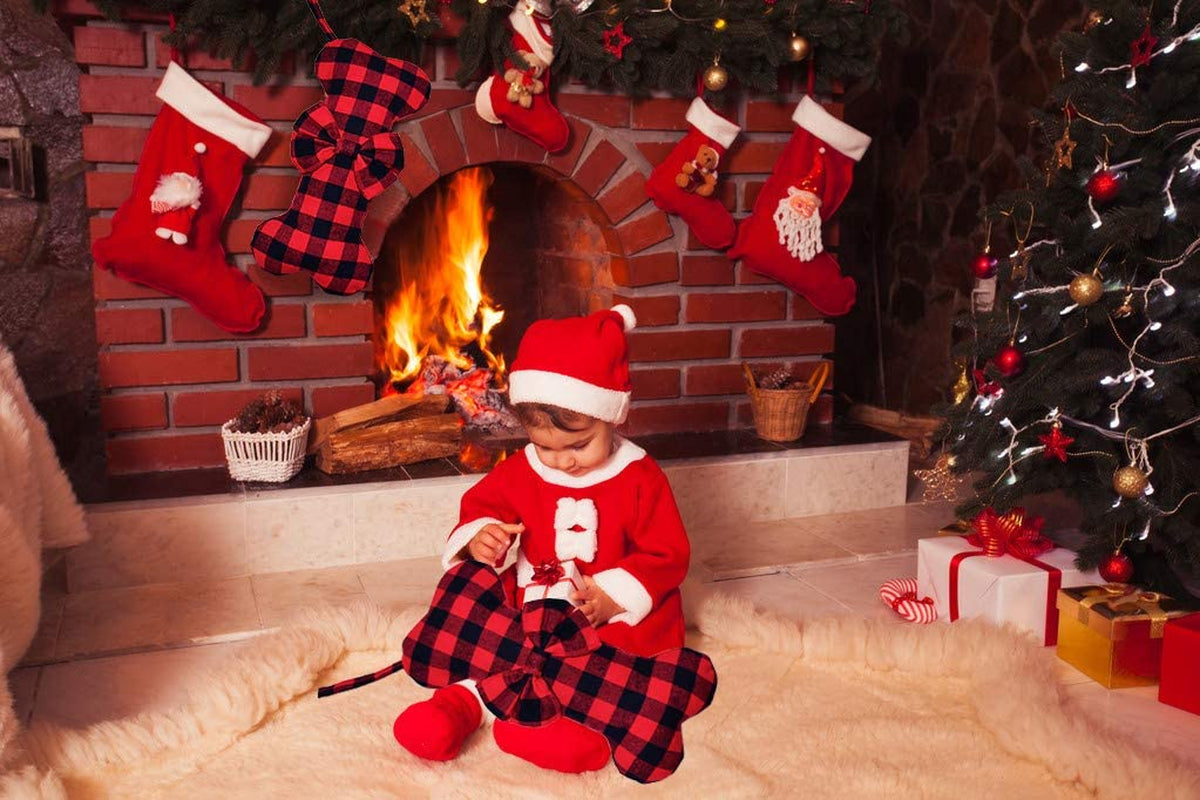 2 Pack Large Dog Christmas Stockings – Red & Black Plaid Bone-Shaped for Pets
