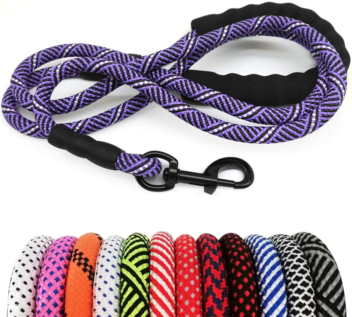 Dog leash with purple and black pattern on a white background, with additional color options displayed below.