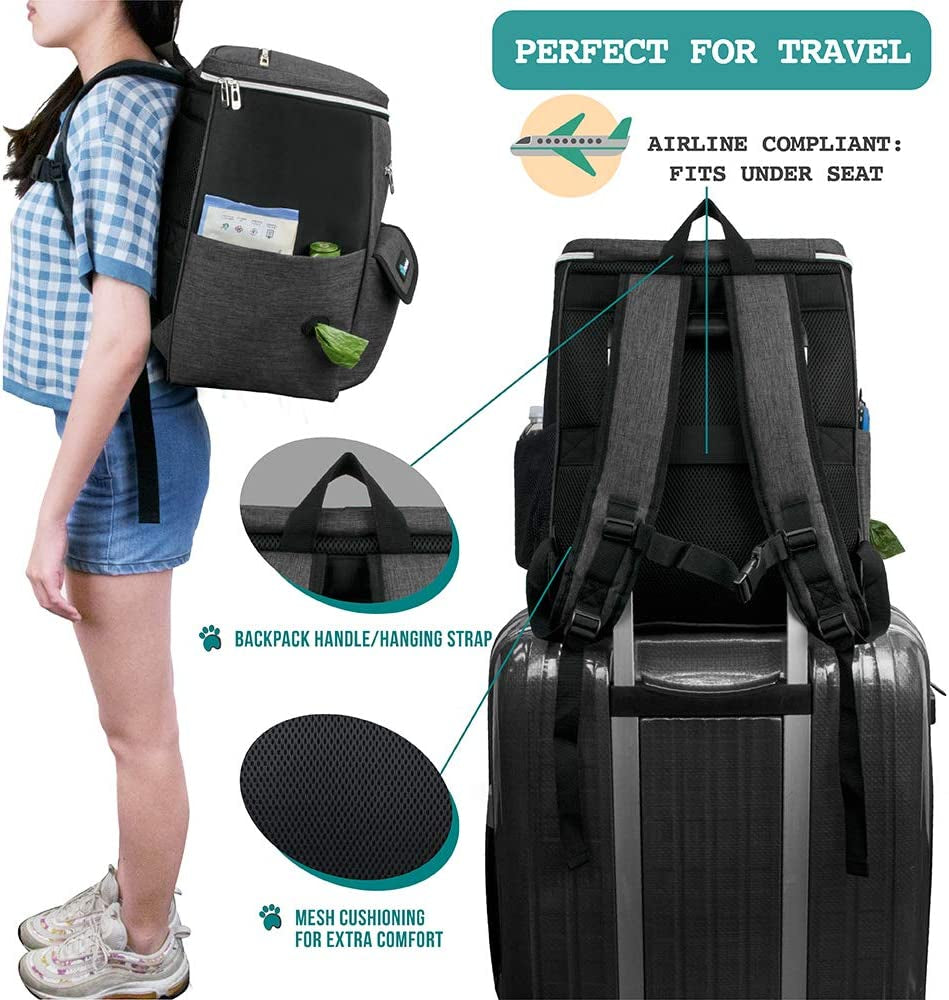 Airline Approved Dog Travel Backpack - Ultimate Pet Backpack with Food Container, Collapsible Bowls & Puppy Diaper Bag - Perfect for Hiking & Camping - Ideal Dog Mom Gift - Dark Gray