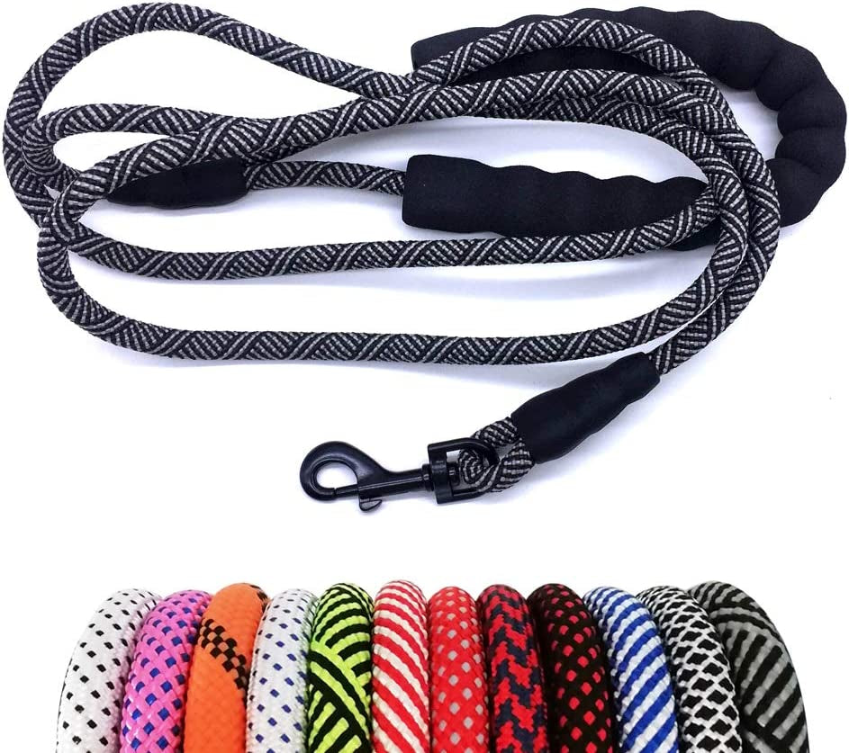 Dog leash with black and gray pattern on a white background, accompanied by a variety of colorful leashes below.