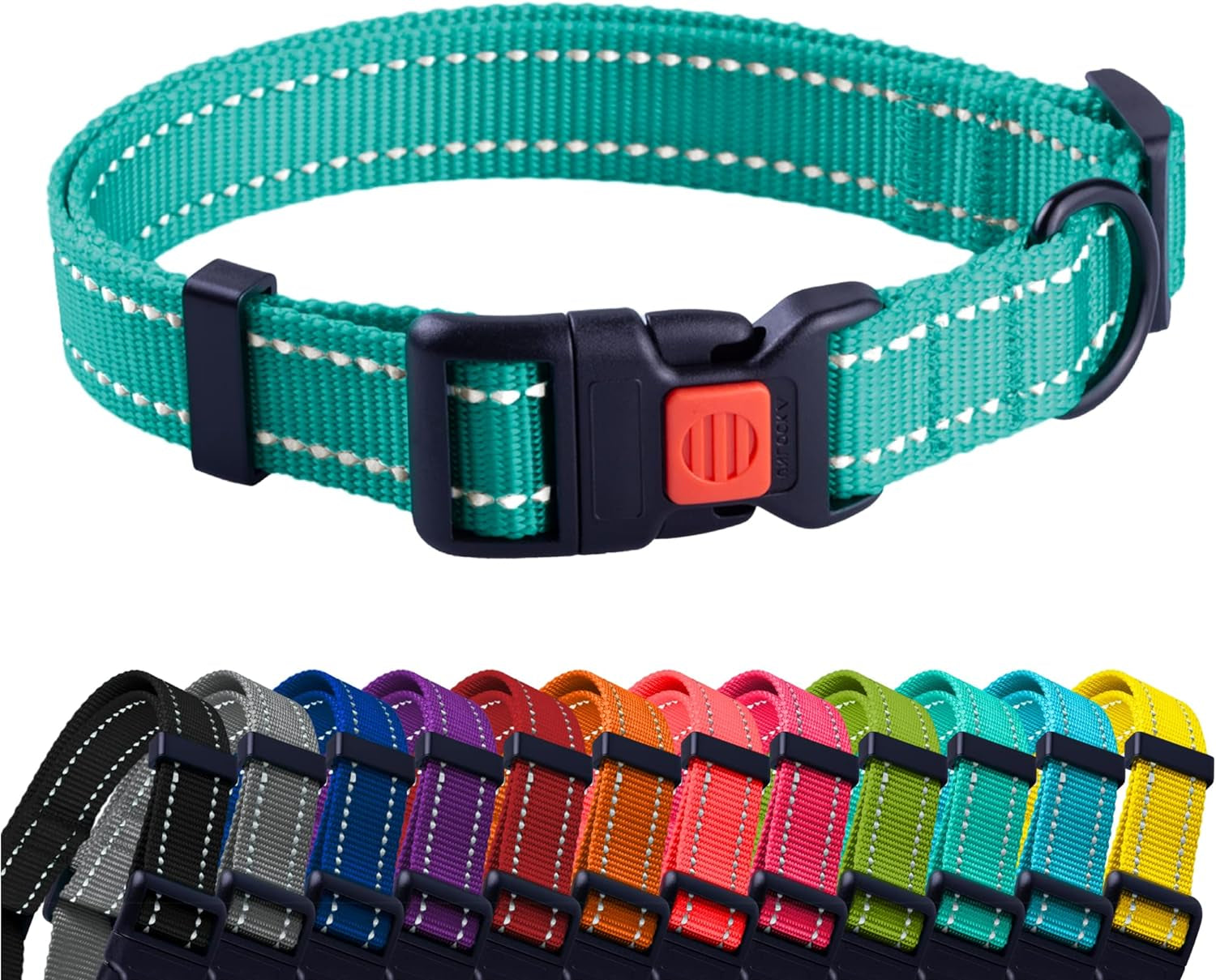 Teal dog collar with multiple color options displayed below on a white background