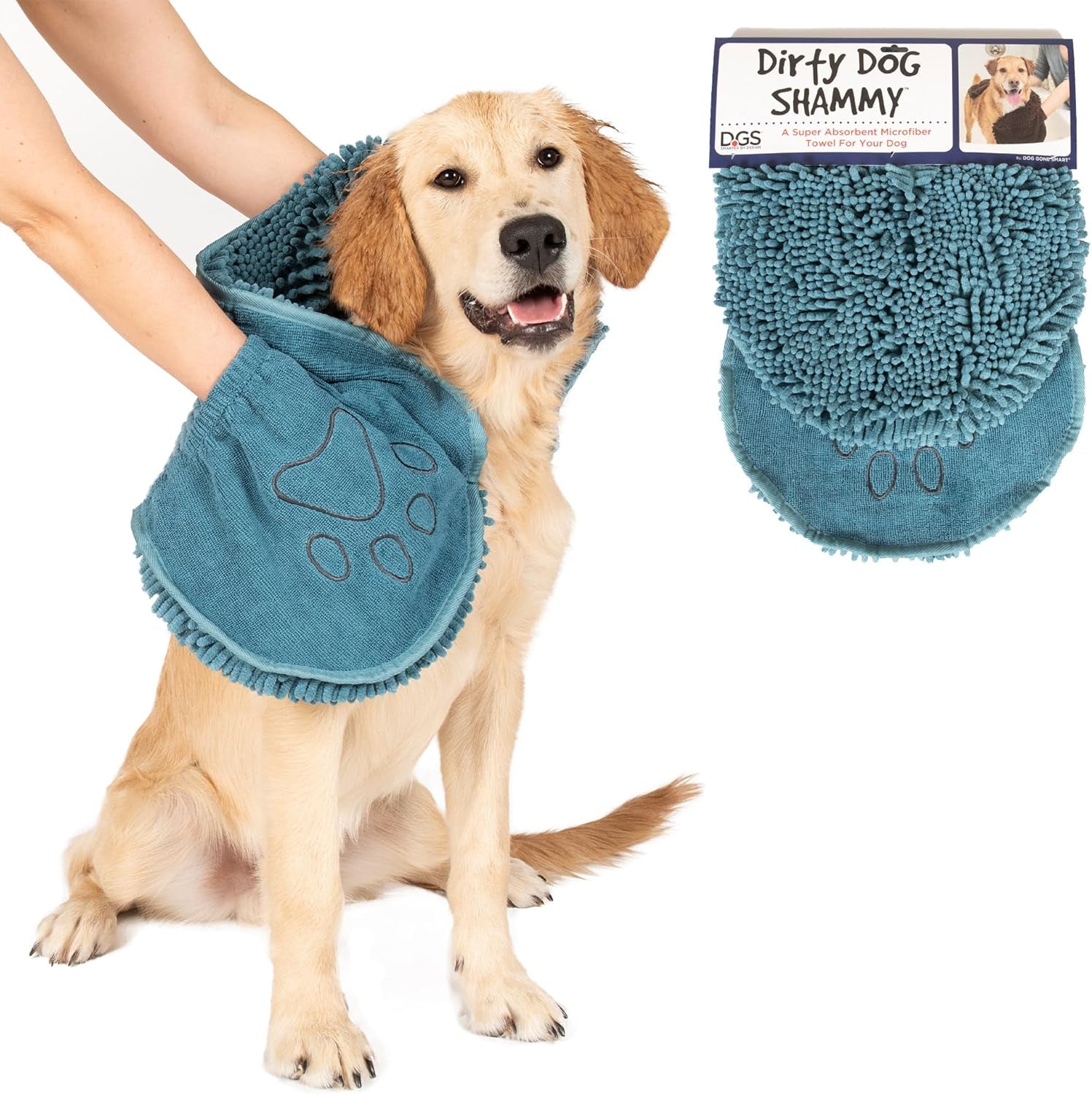 Dirty Dog Shammy – Super Absorbent Dog Drying Towel with Dual Hand Pockets & Elastic | Fast-Drying Plush Microfiber, Machine Washable, 31"x13"