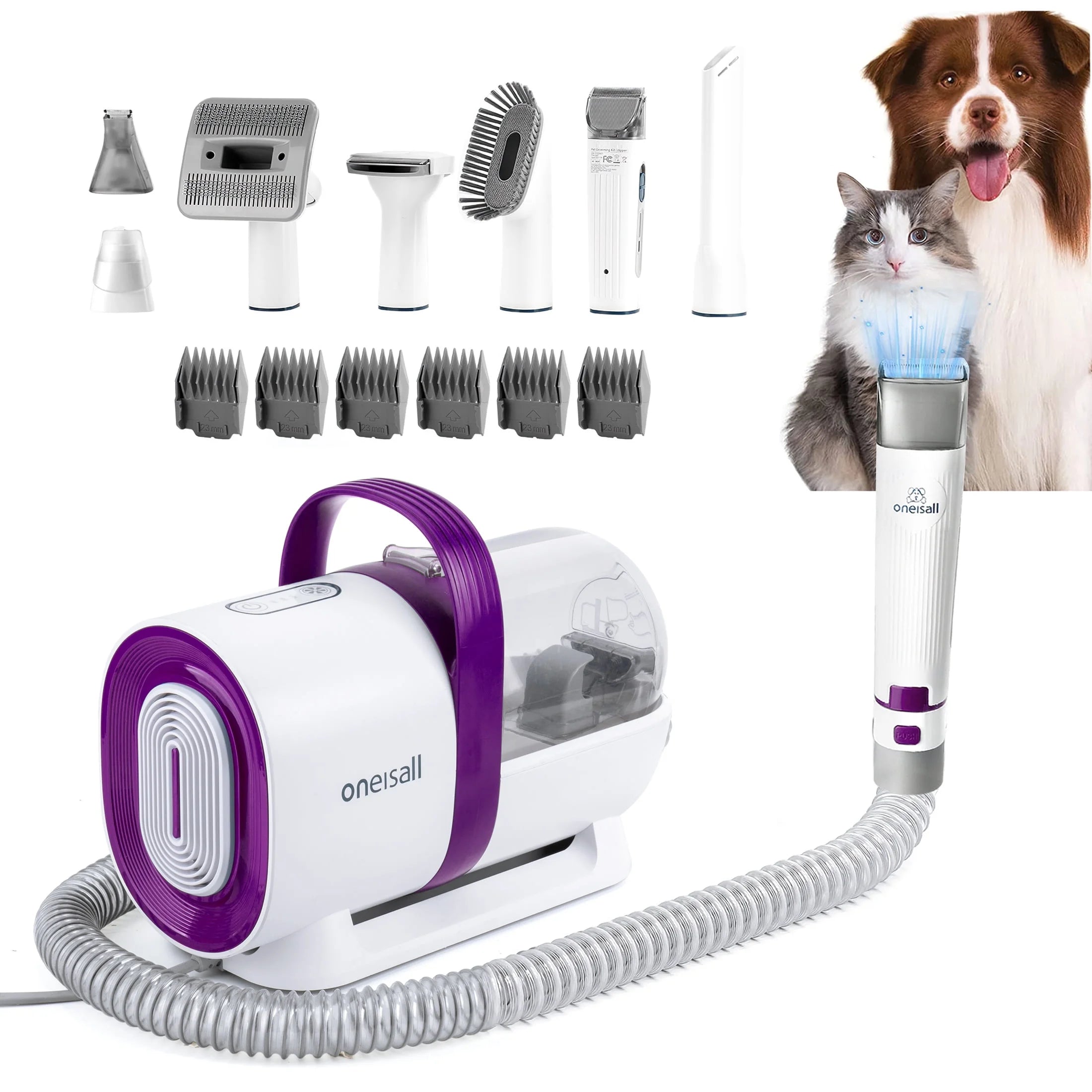 Oneisall 7-in-1 Dog Grooming Kit & Low Noise Pet Grooming Vacuum – 1.5L Large Dust Cup, 7 Professional Tools for Shedding, Hair Trimming & Home/Car Cleaning