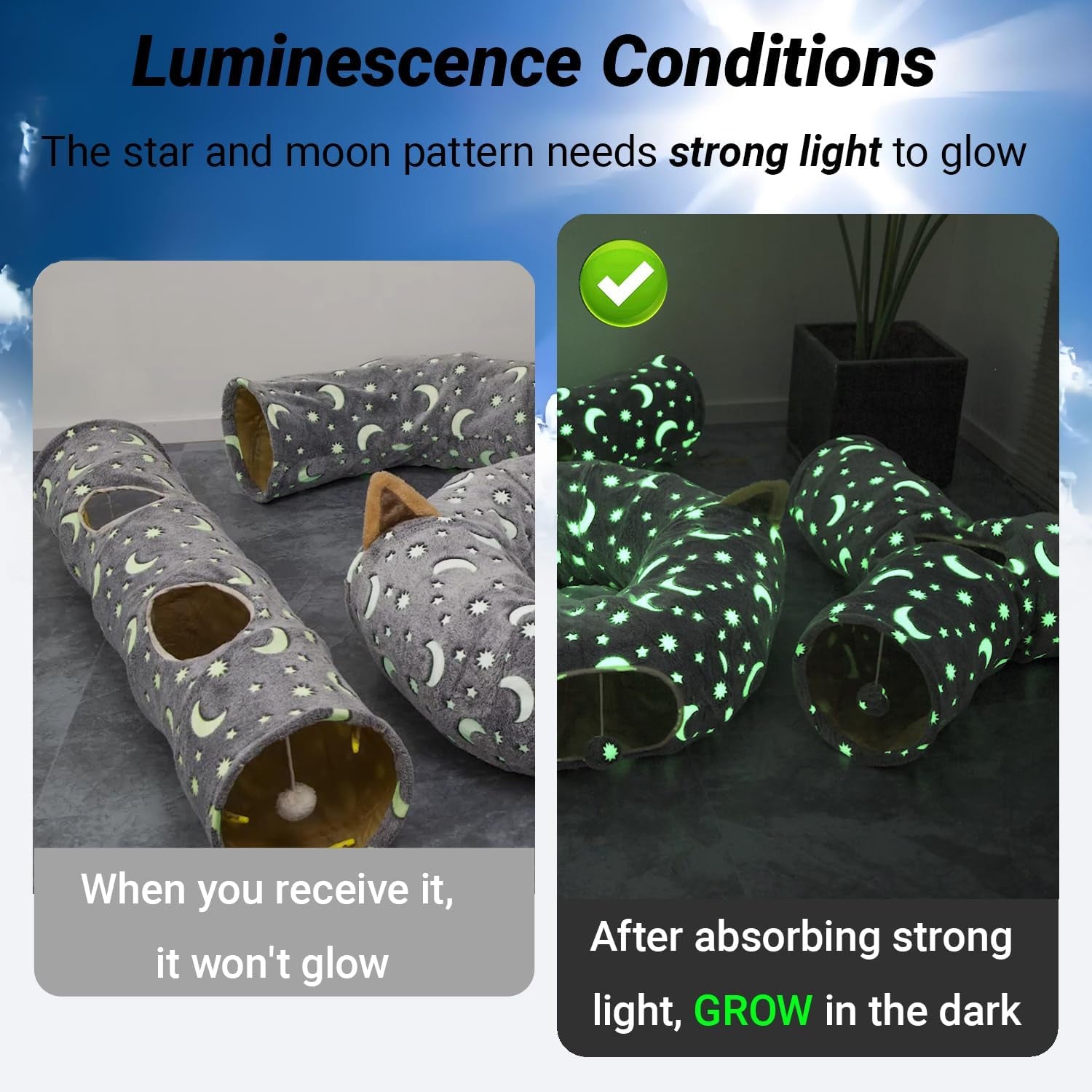 Collapsible Cat Tunnel with Plush Ball Toy – Glow-in-the-Dark Pet Play Tube for Kittens, Rabbits, Ferrets & Small Dogs, Grey Moon & Star Design
