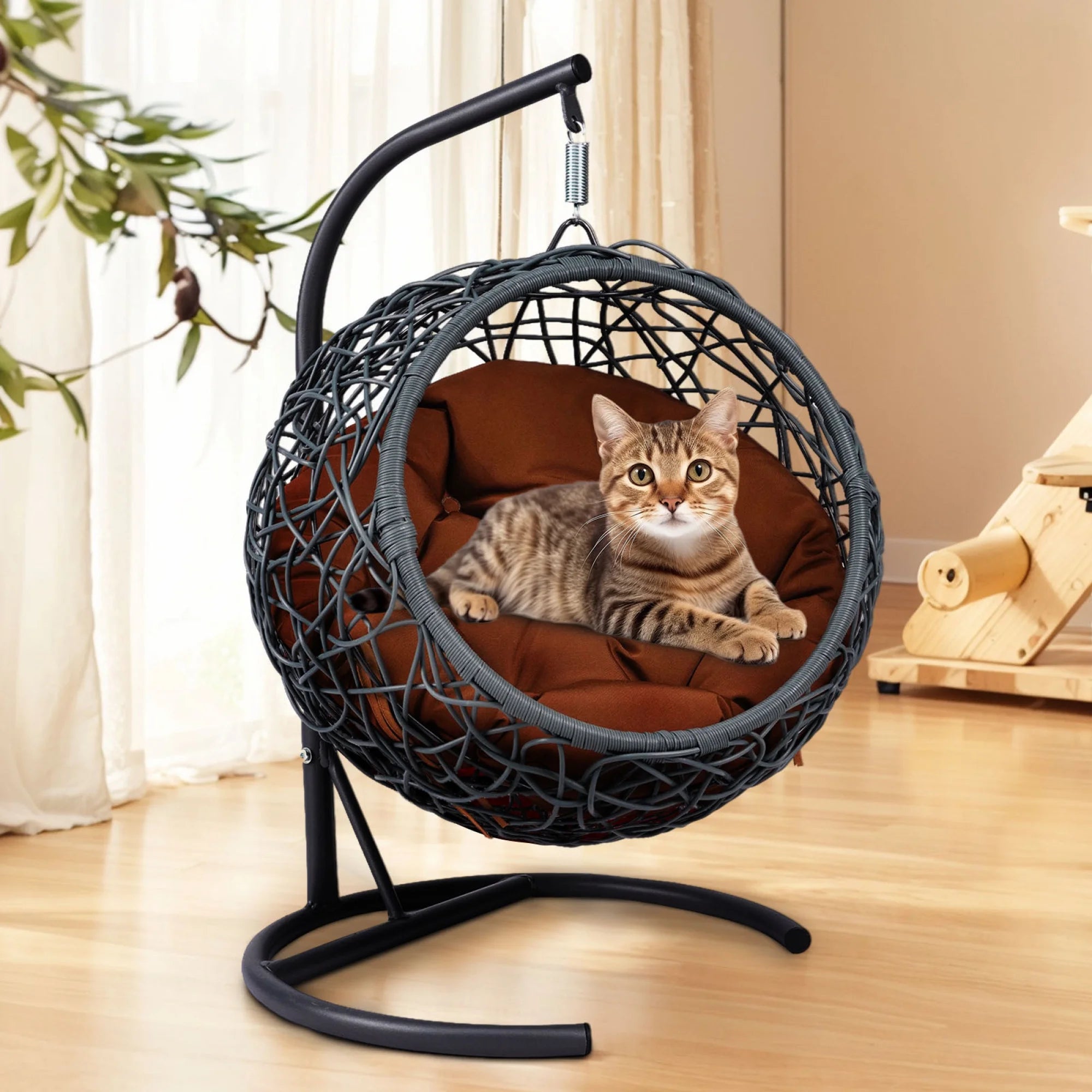Luxury Cat Swing Hammock with Stand & Cushion – Rattan Wicker Egg Chair for Cats, Indoor Hanging Pet Bed with Breathable Design & Washable Cushion