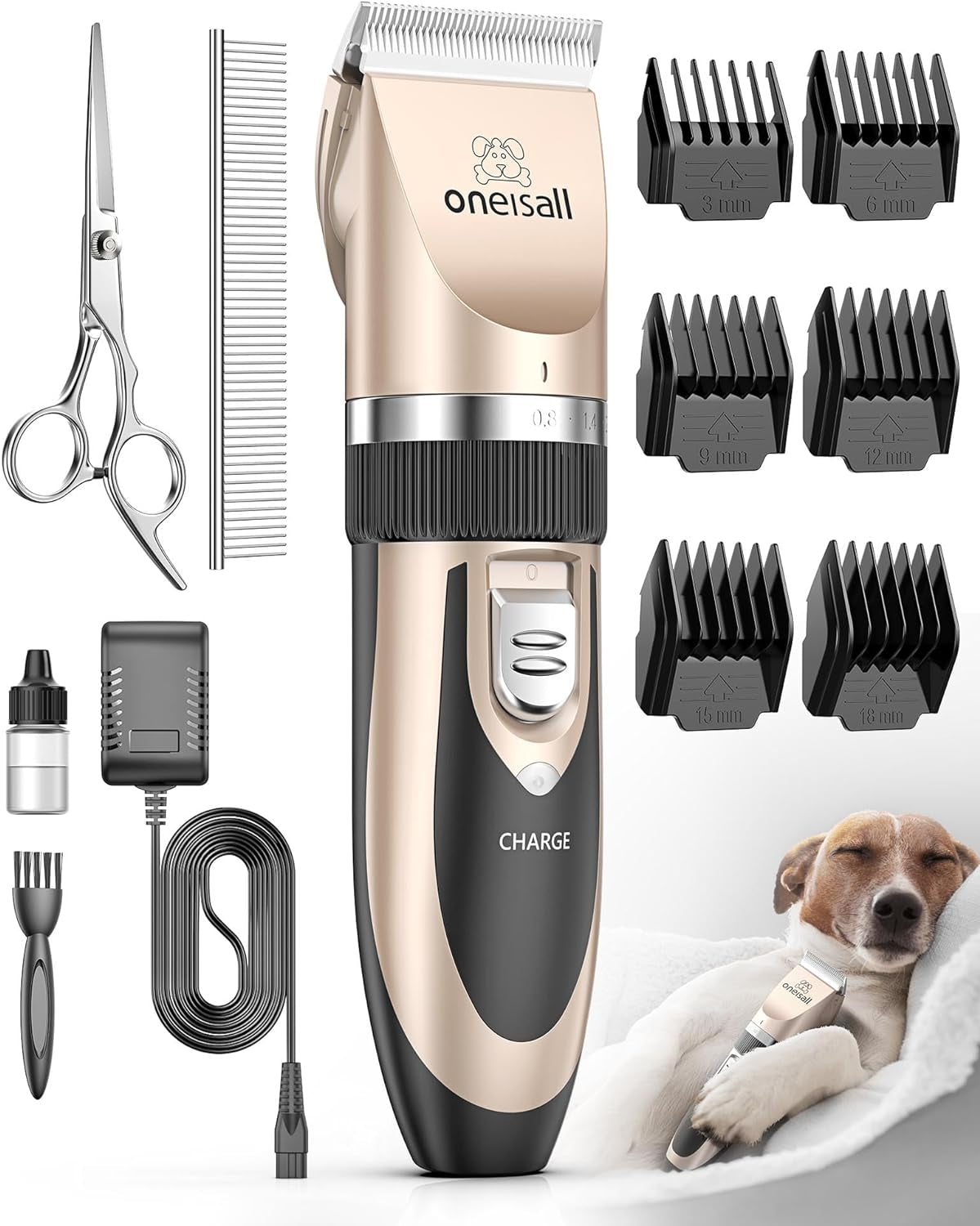 Dog grooming kit with trimmer, attachments, and a dog on a white background