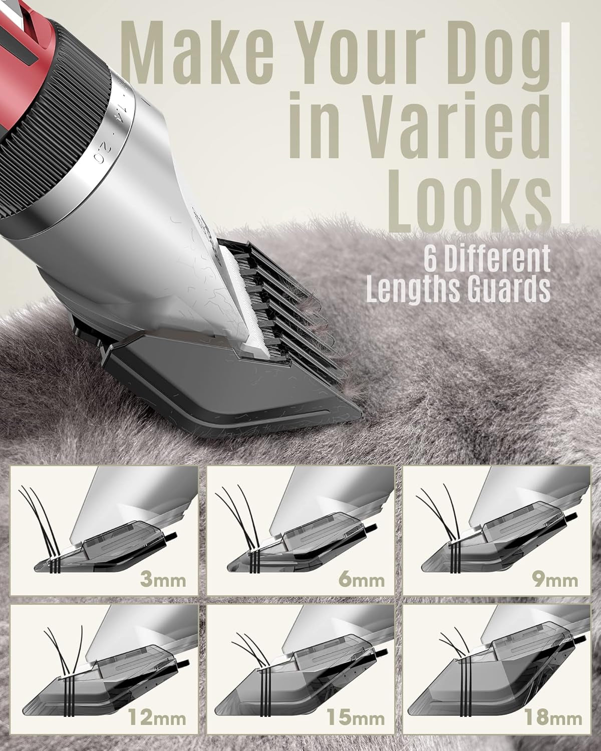 Pet grooming tool with adjustable guards on a gray background