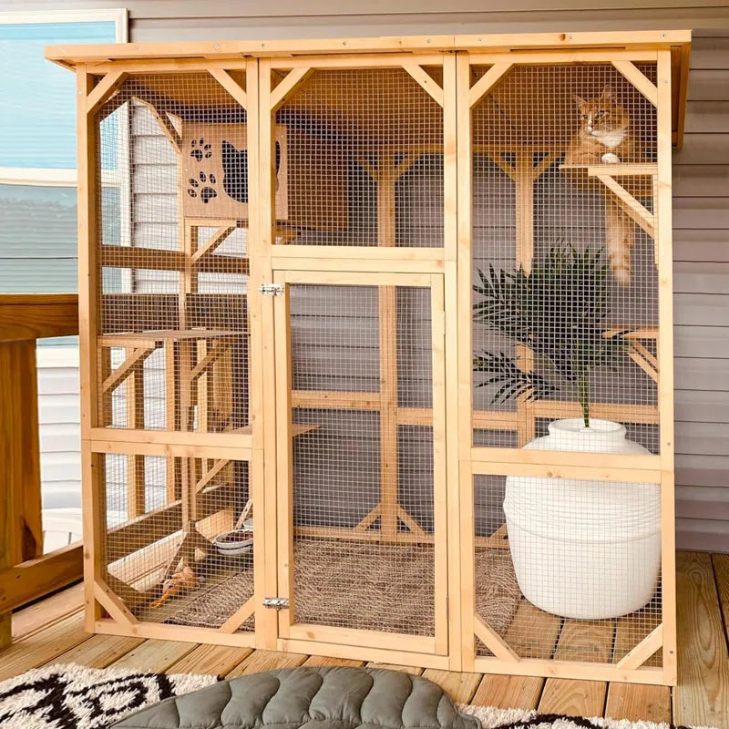 Large Wooden Outdoor Cat Enclosure – Safe & Weatherproof Catio for Cats