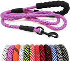 Dog leash with pink and purple pattern on a white background
