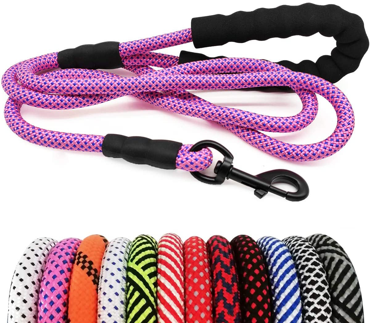Dog leash with pink and purple pattern on a white background