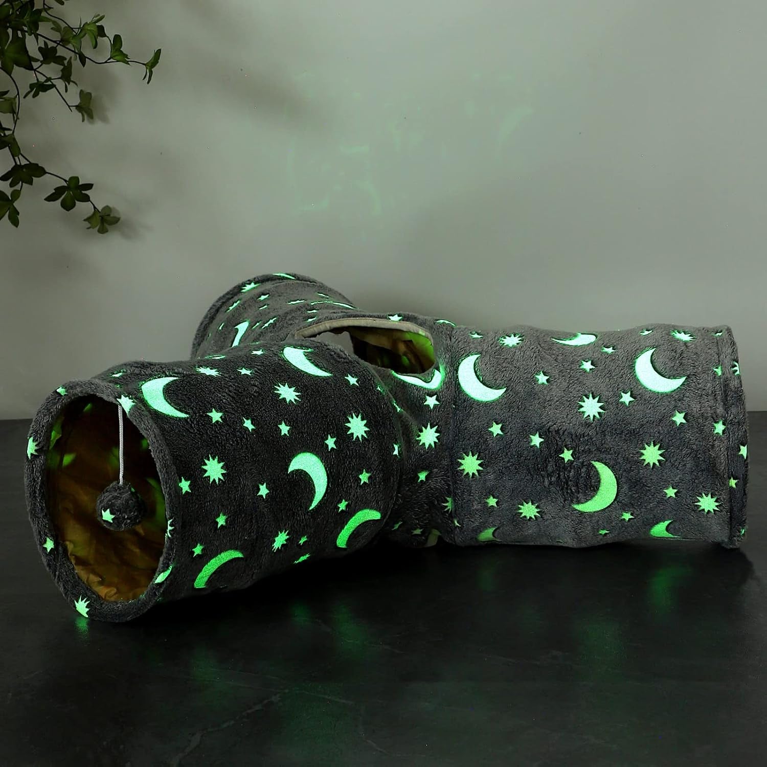 Collapsible Cat Tunnel with Plush Ball Toy – Glow-in-the-Dark Pet Play Tube for Kittens, Rabbits, Ferrets & Small Dogs, Grey Moon & Star Design
