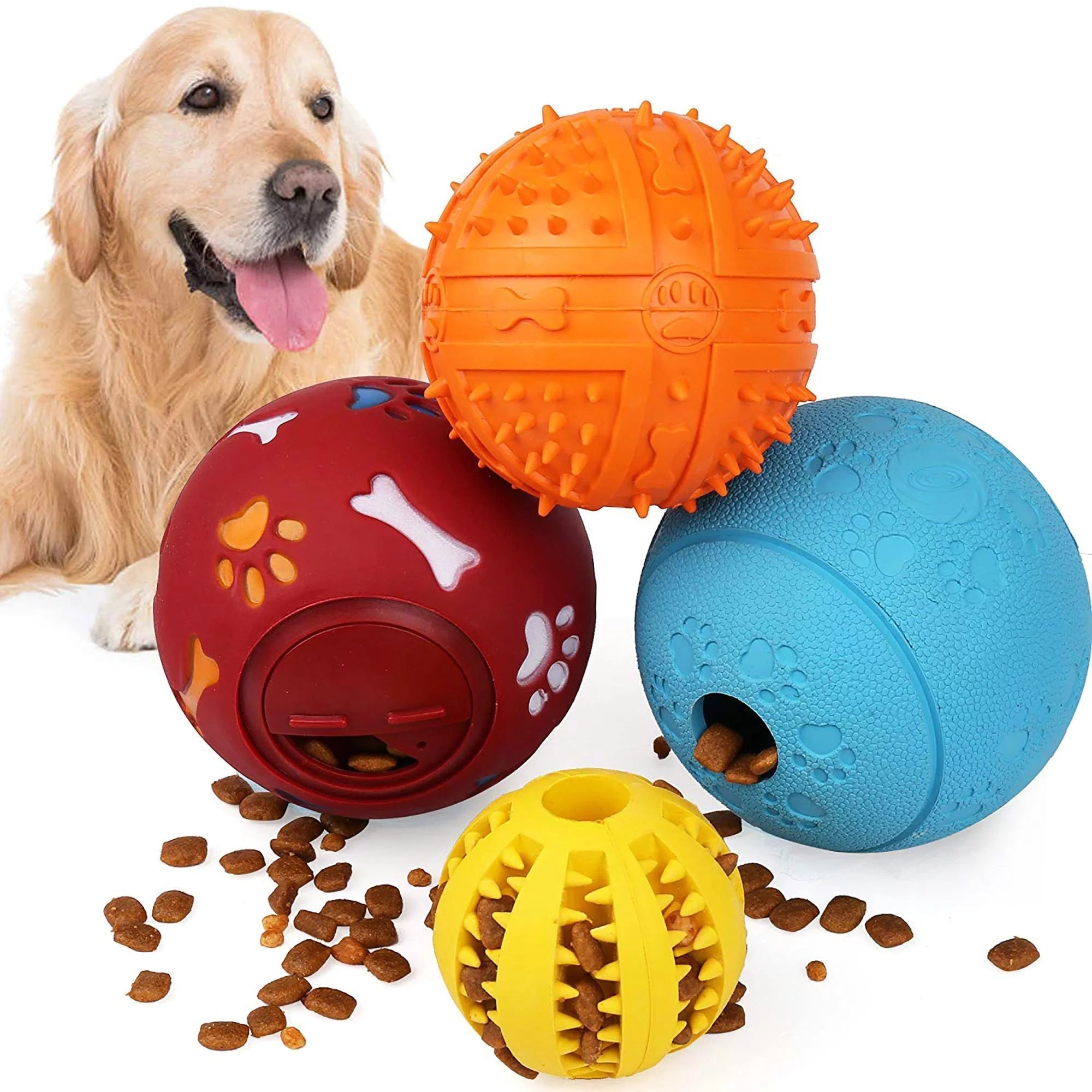 4 Pack Large Dog Treat Balls – Interactive Food Dispensing Puzzle Toys for Puppies, IQ Training, Teeth Cleaning & Chewing – Natural Rubber, Non-Toxic