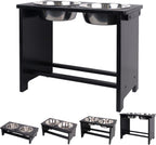 Black elevated pet feeding station with stainless steel bowls on a white background