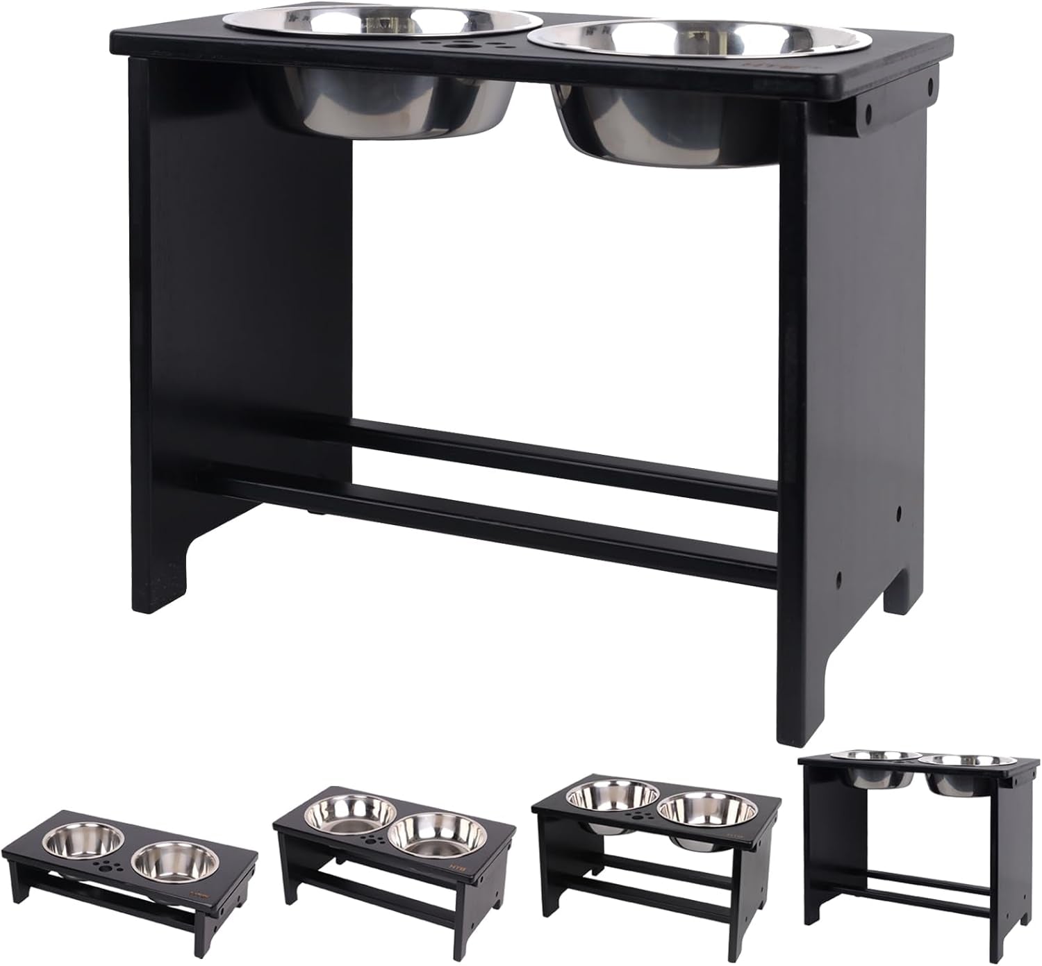 Black elevated pet feeding station with stainless steel bowls on a white background