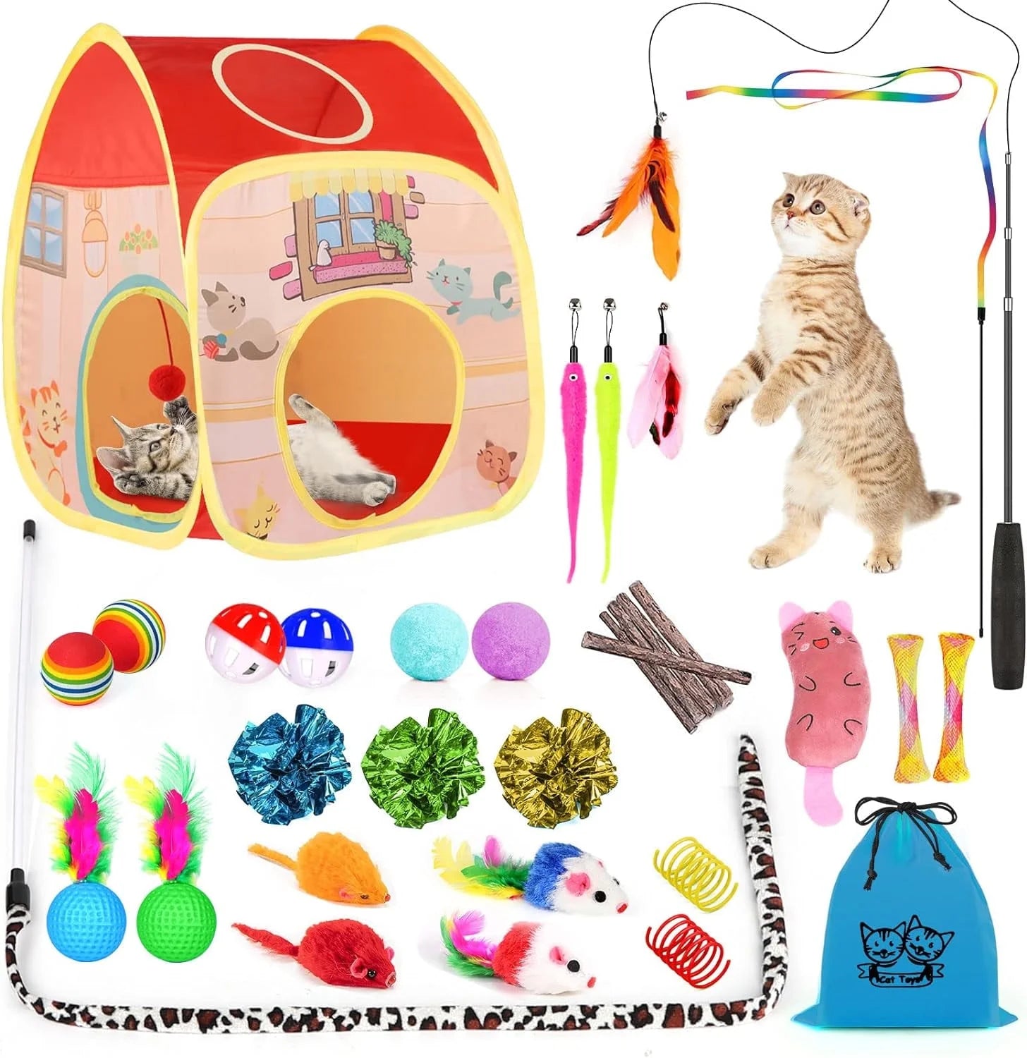 34PCS Cat Toys Set with Tunnel, Teaser Wand, Catnip & Interactive Toys