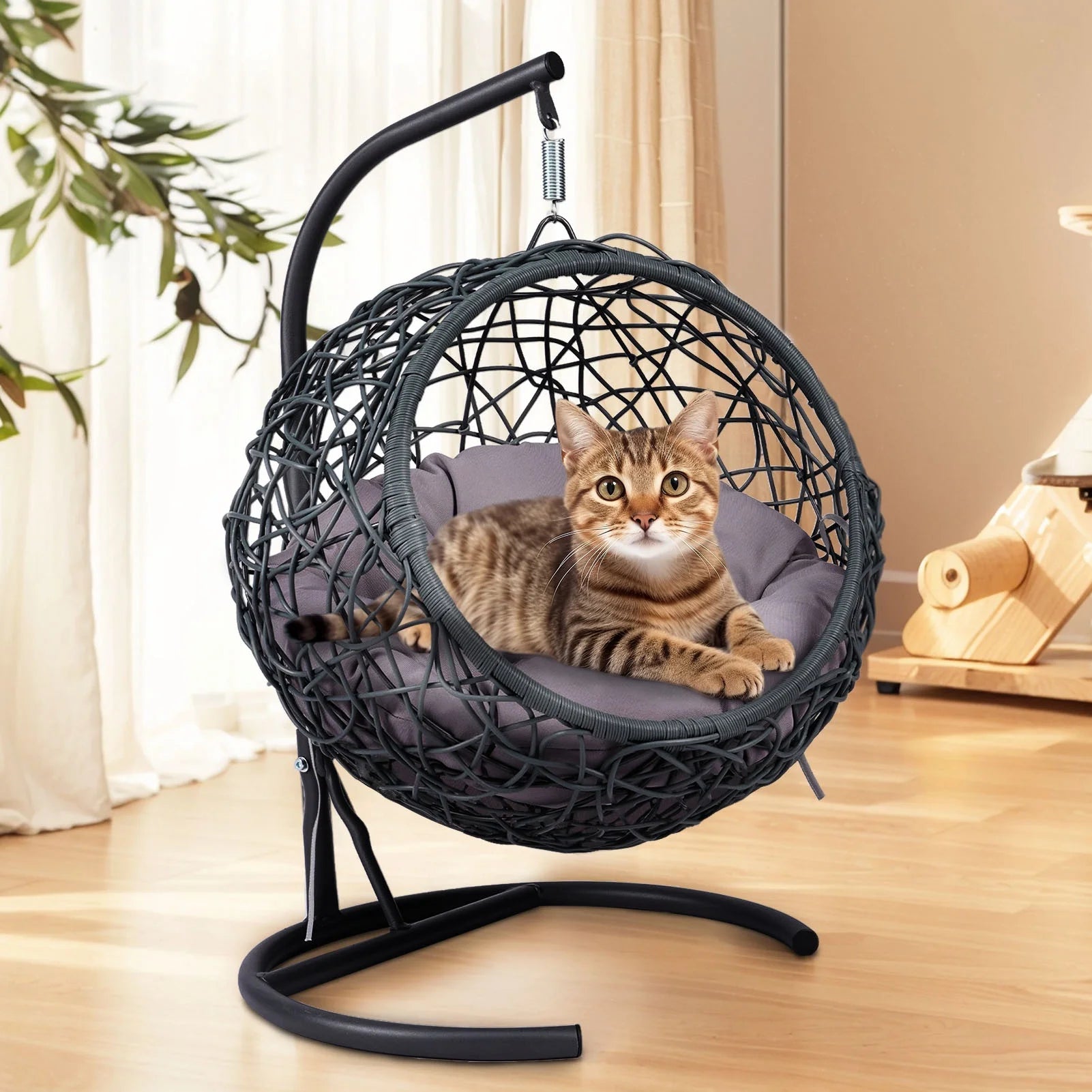 Luxury Cat Swing Hammock with Stand & Cushion – Rattan Wicker Egg Chair for Cats, Indoor Hanging Pet Bed with Breathable Design & Washable Cushion